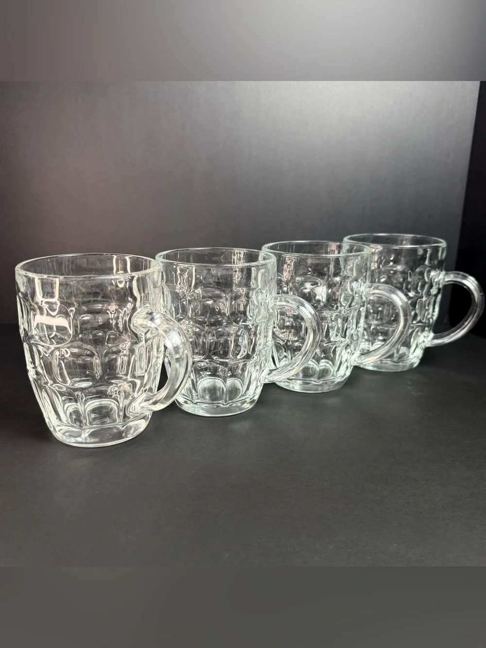 Vintage SET of 4 VINTAGE LUMINARC FRANCE CLEAR GLASS THUMBPRINT BEER MUGS 5